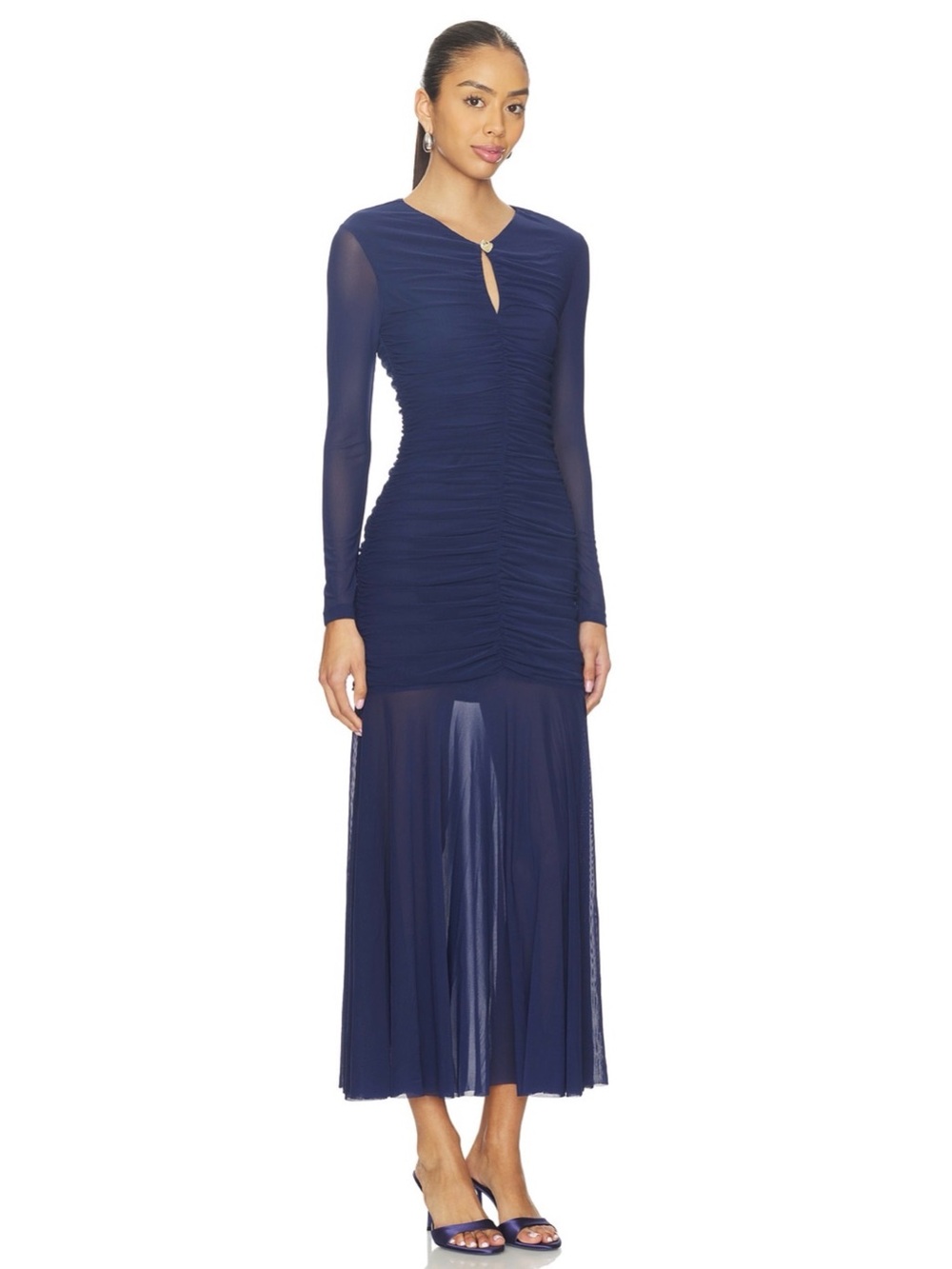 NWT ASTR The Label Yasmine Long-Sleeve Ruched Mesh Maxi Dress in Navy, Size XS